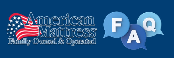 Blue background with large American Mattress logo and a cluster of speech bubbles spelling out FAQ